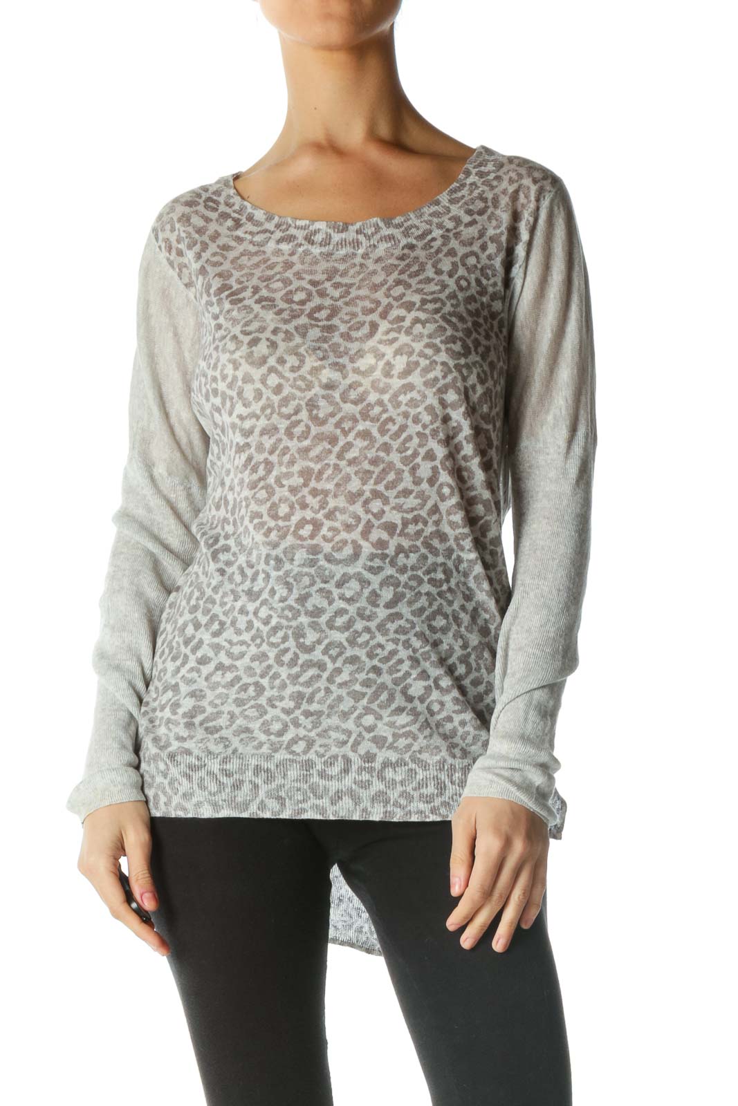Gray Linen Cotton Animal Print Light Sweater Front
