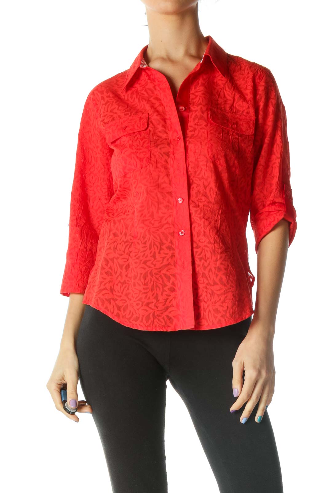 Red Floral 3/4 Sleeve Collared Shirt Front