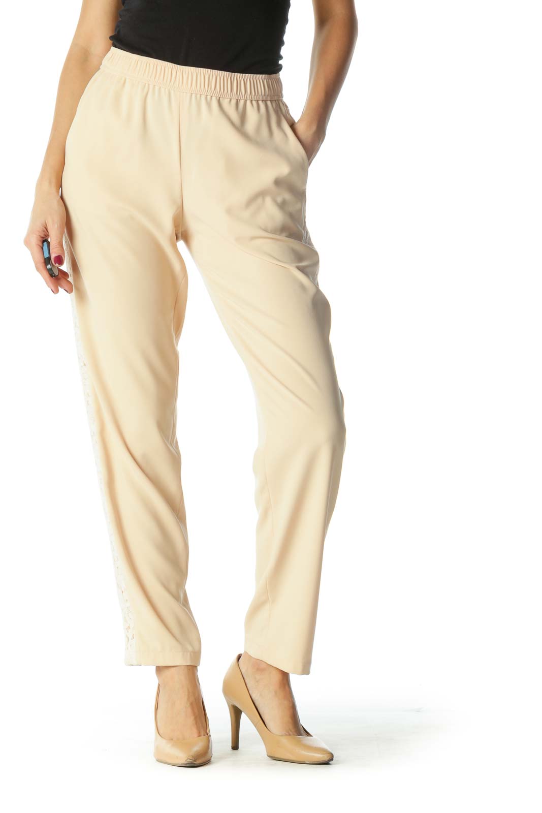 Cream Lace Tapered Pants Front