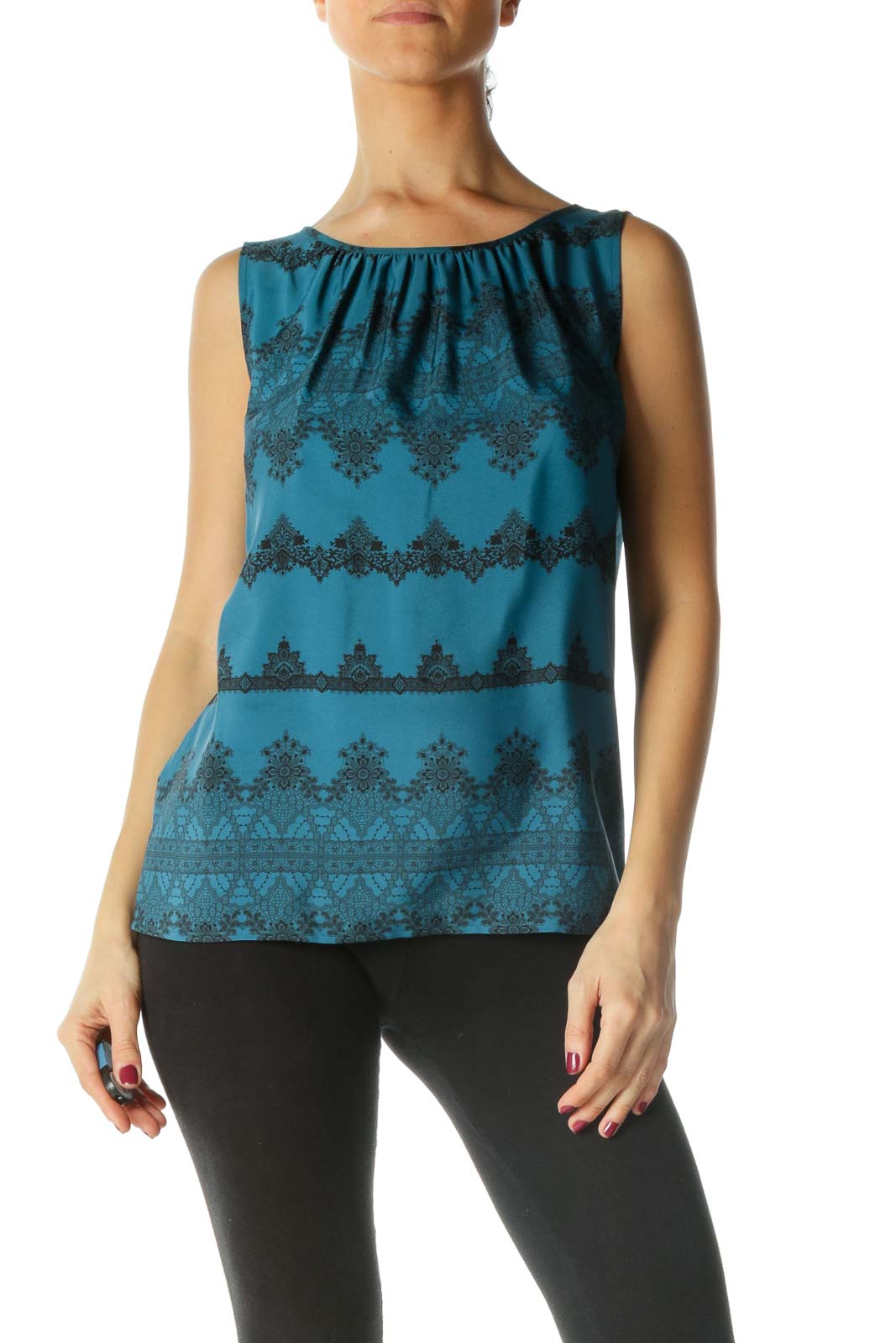 Black and Blue Lace Print Sleeveless Blouse Front