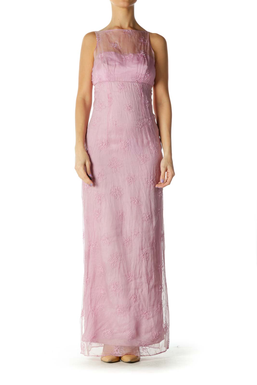 Pink Embroidered Maxi Dress Front
