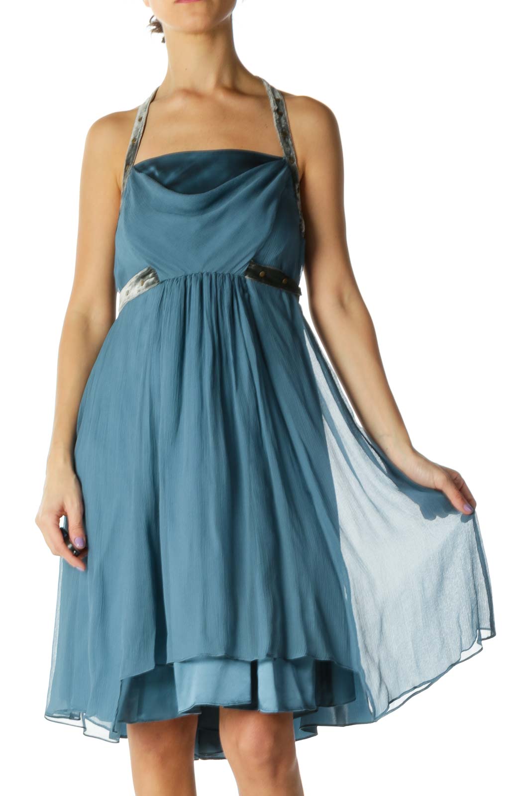 Blue Crepe Cocktail Dress Front