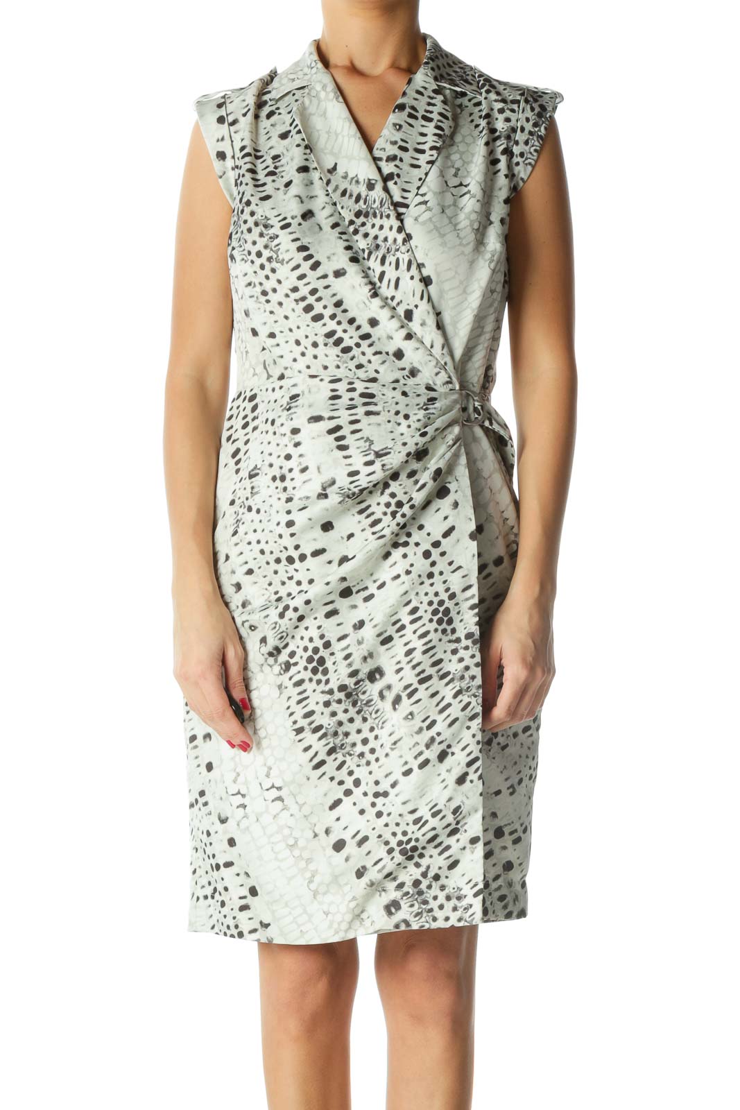 Black and Silver Print Wrap Dress Front