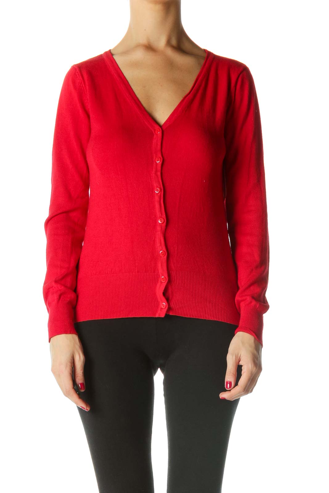 Red V-Neck Buttoned Sweater Front