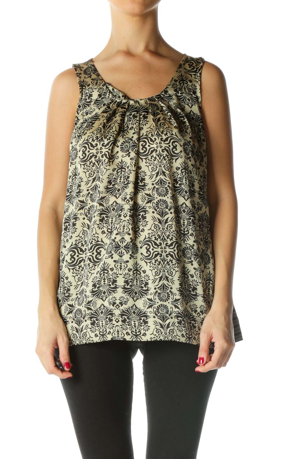 Beige Black Print Striped Mixed-Media Top Front