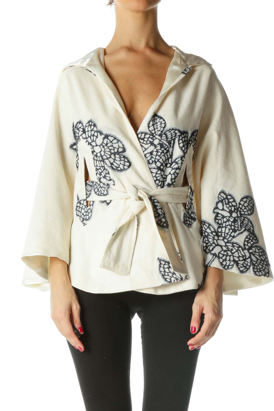 Cream Black Blue Embroidered Hooded Cape with Belt Front