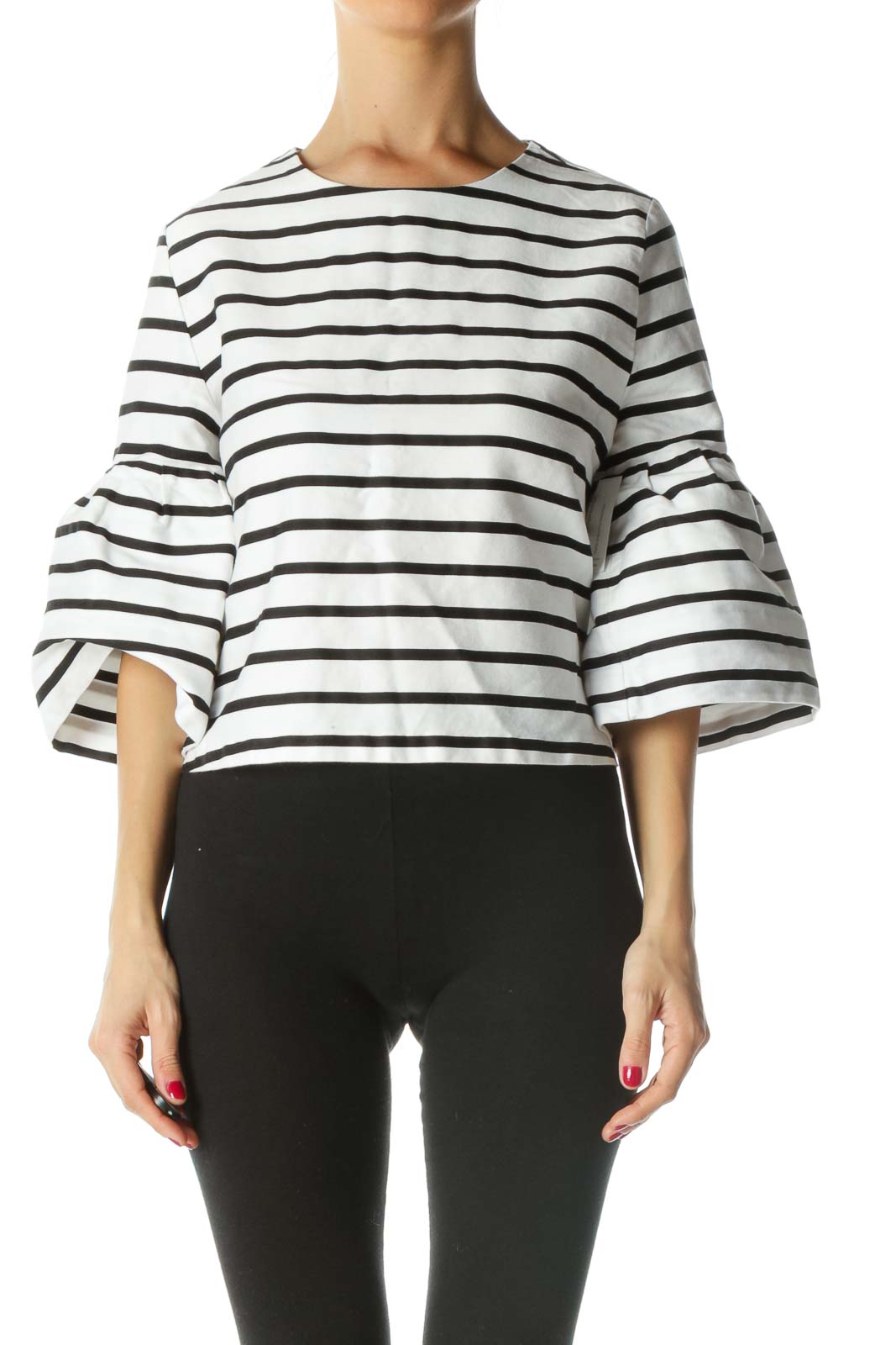 Black White Striped Flared Sleeves Top Front