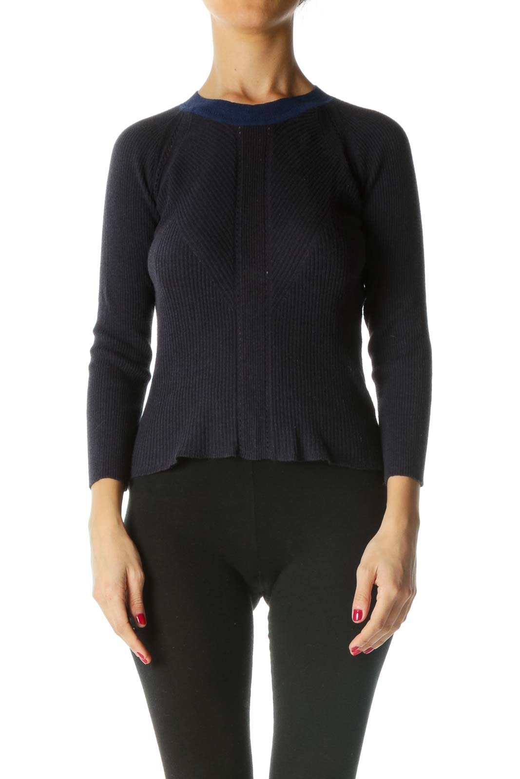 Navy Contrast Knit Sweater Front