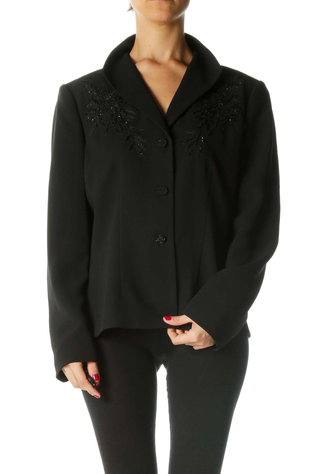 Black Embroidery Sequin Detail Suit Blazer Front