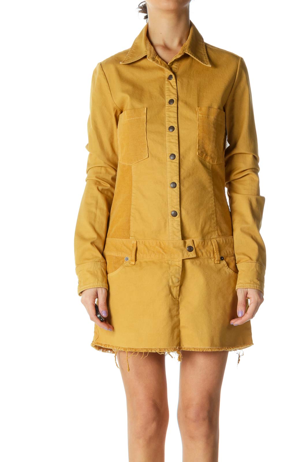Yellow Corduroy Button-Down Dress Front