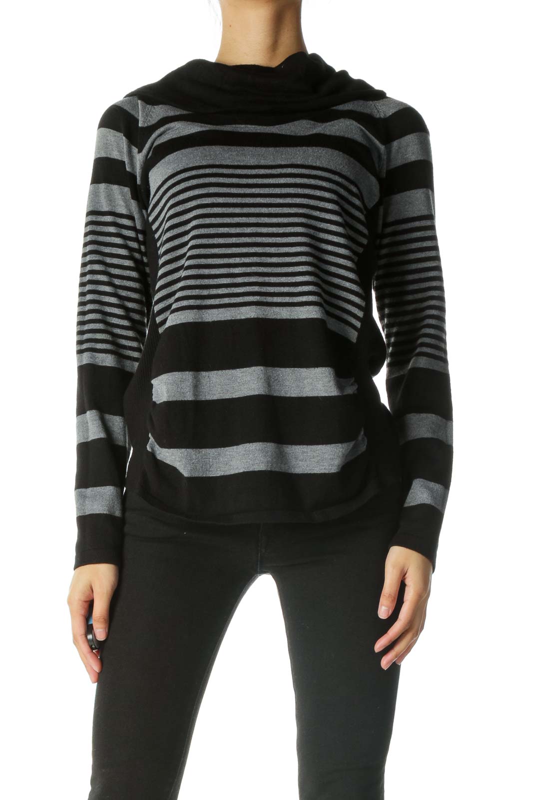 Black Gray Cowl Neck Striped Sweater Front