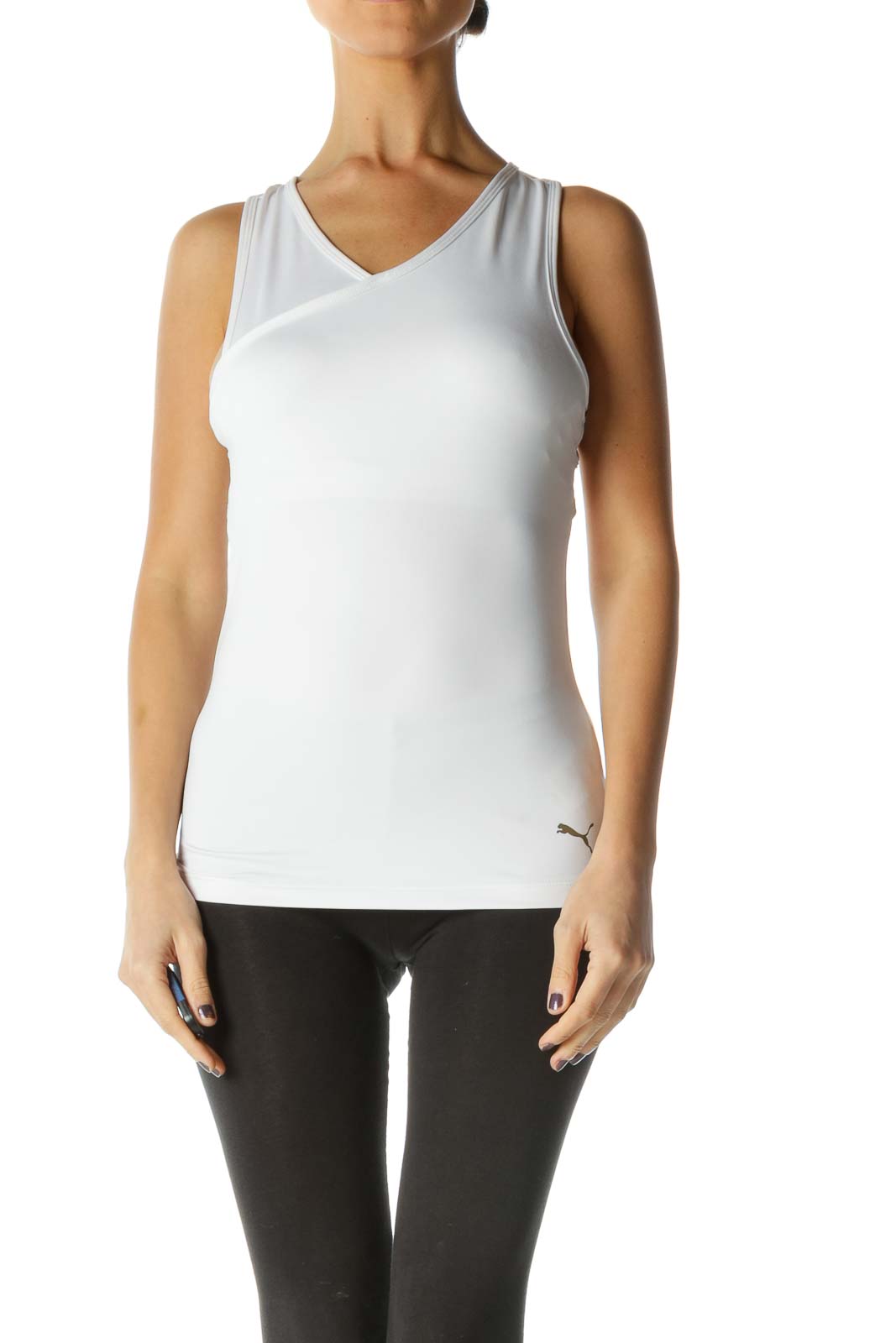 White Solid V Neck Sporty Tank Top Front
