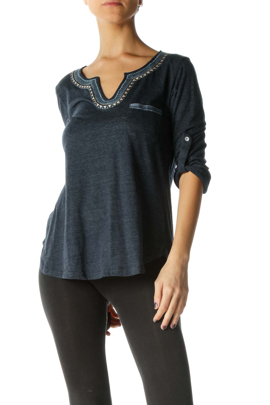 Blue Solid V Neck Casual Blouse Front