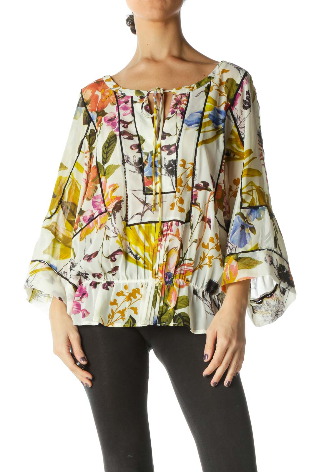 Yellow Graphic Boatneck Casual Blouse Front