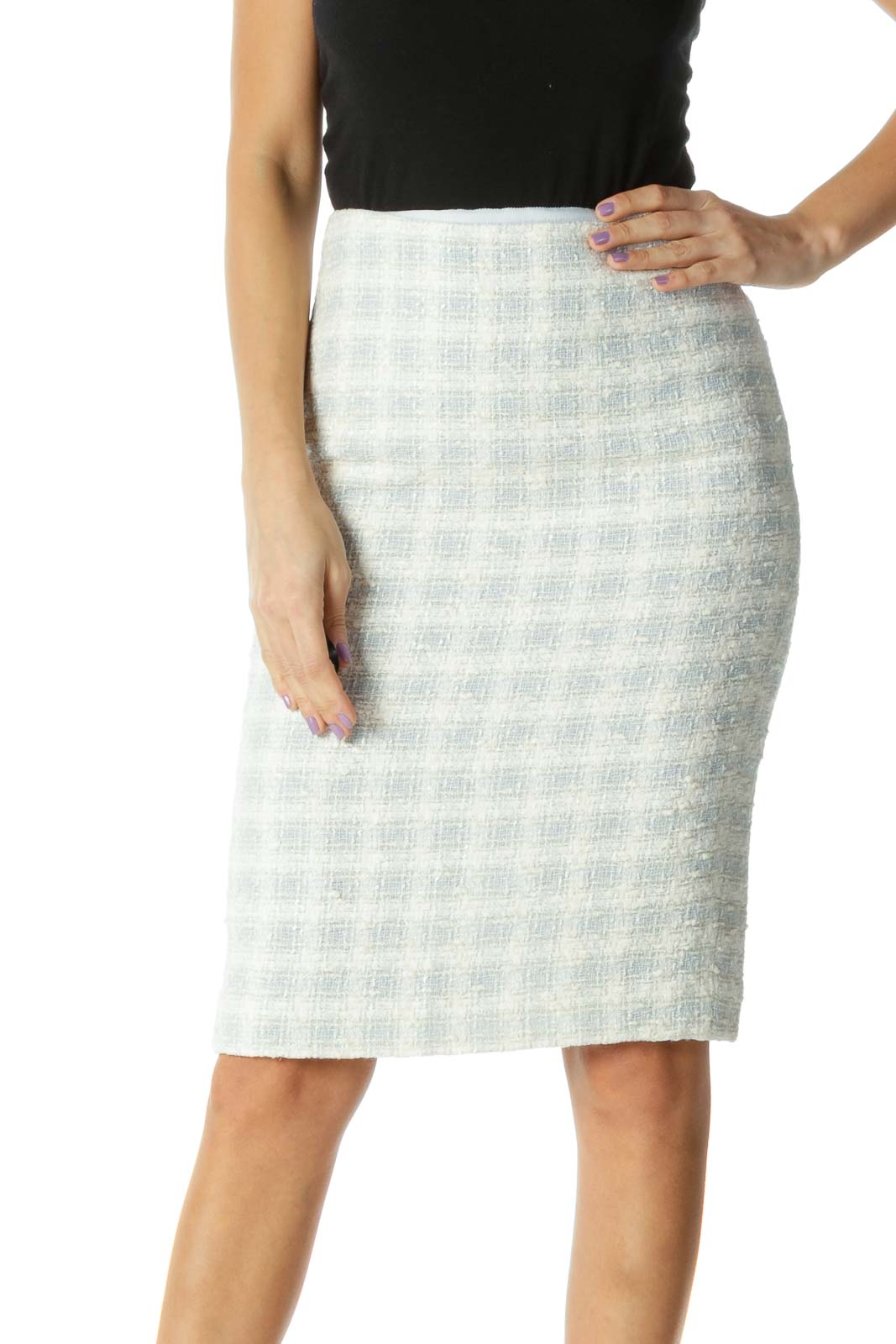 White Checkered Classic Pencil Skirt Front