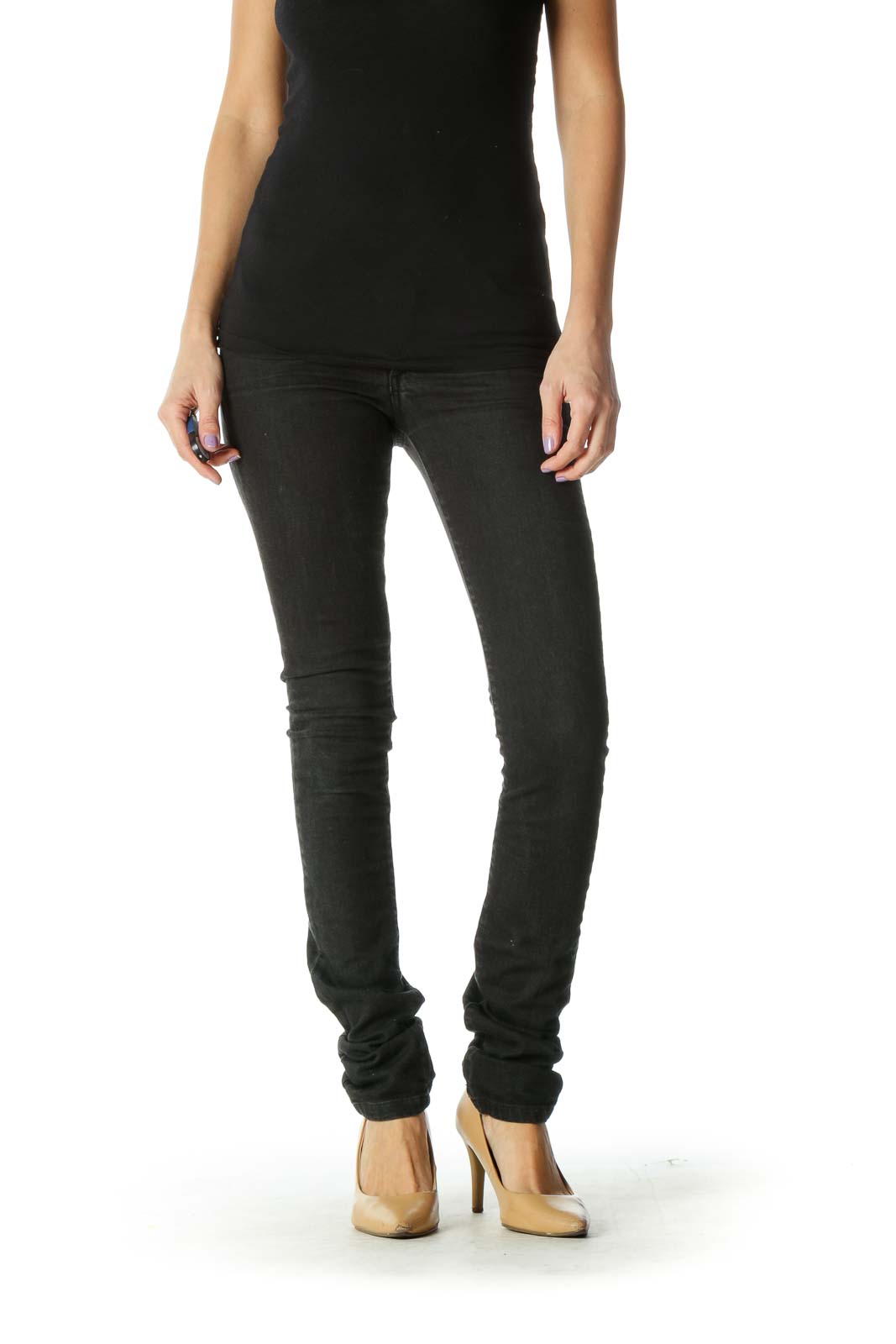 Black Solid Casual Jeans Front