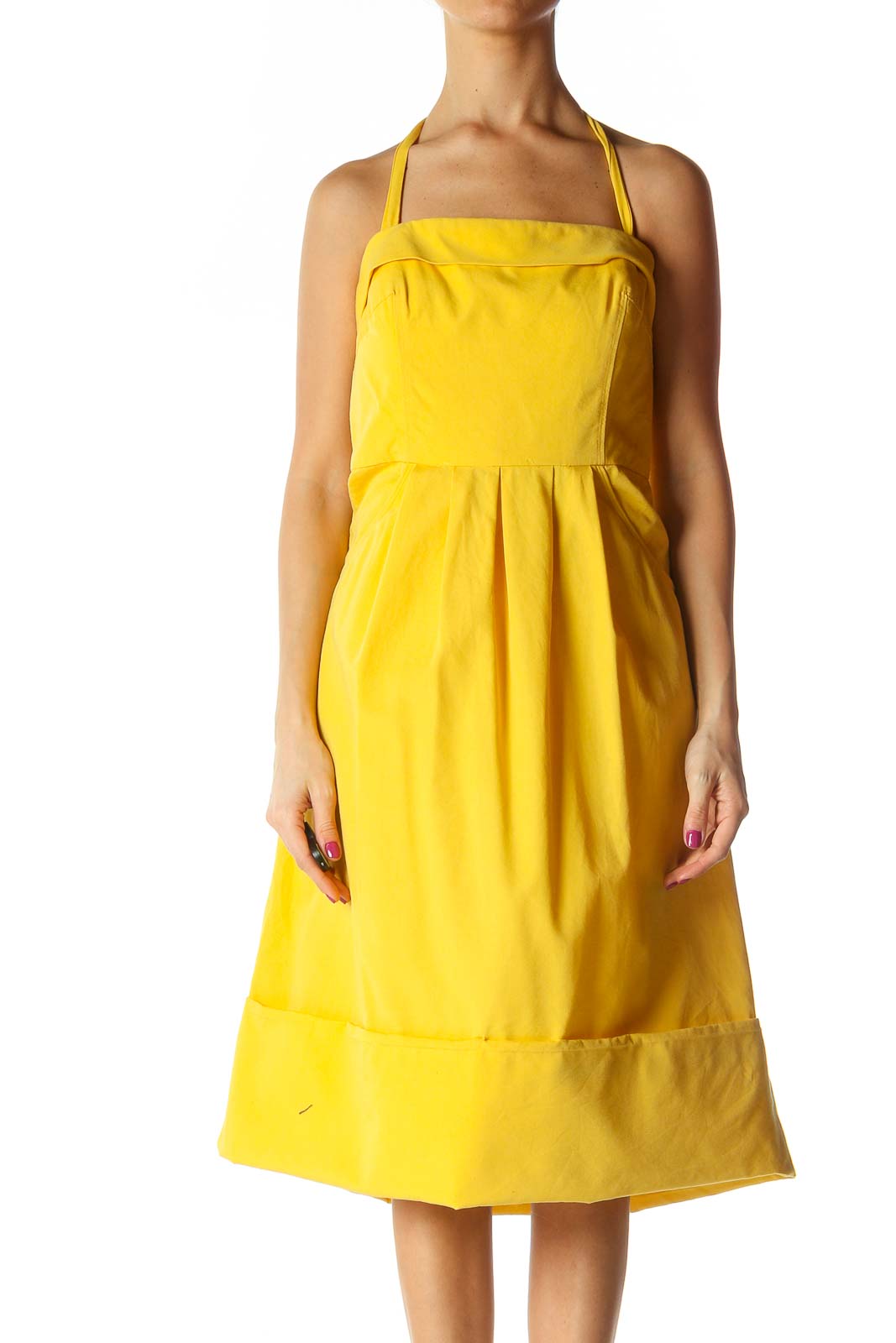 Yellow Solid Casual A-Line Dress Front