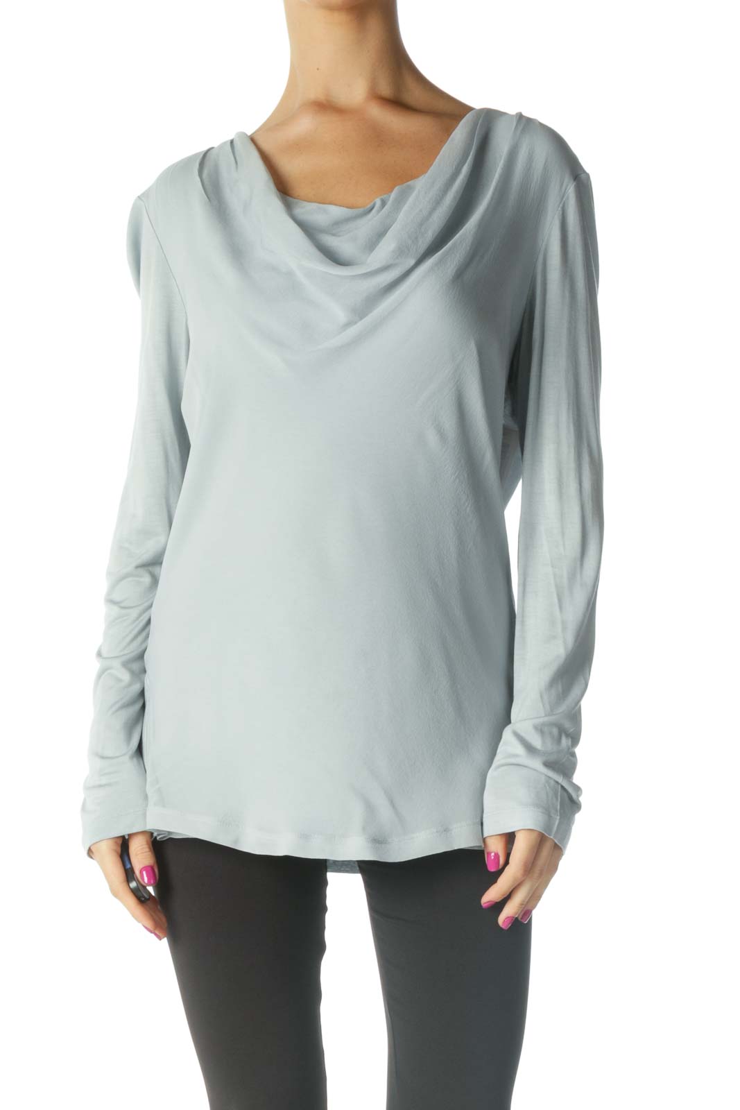 Blue Solid Cowl Neck Top Front