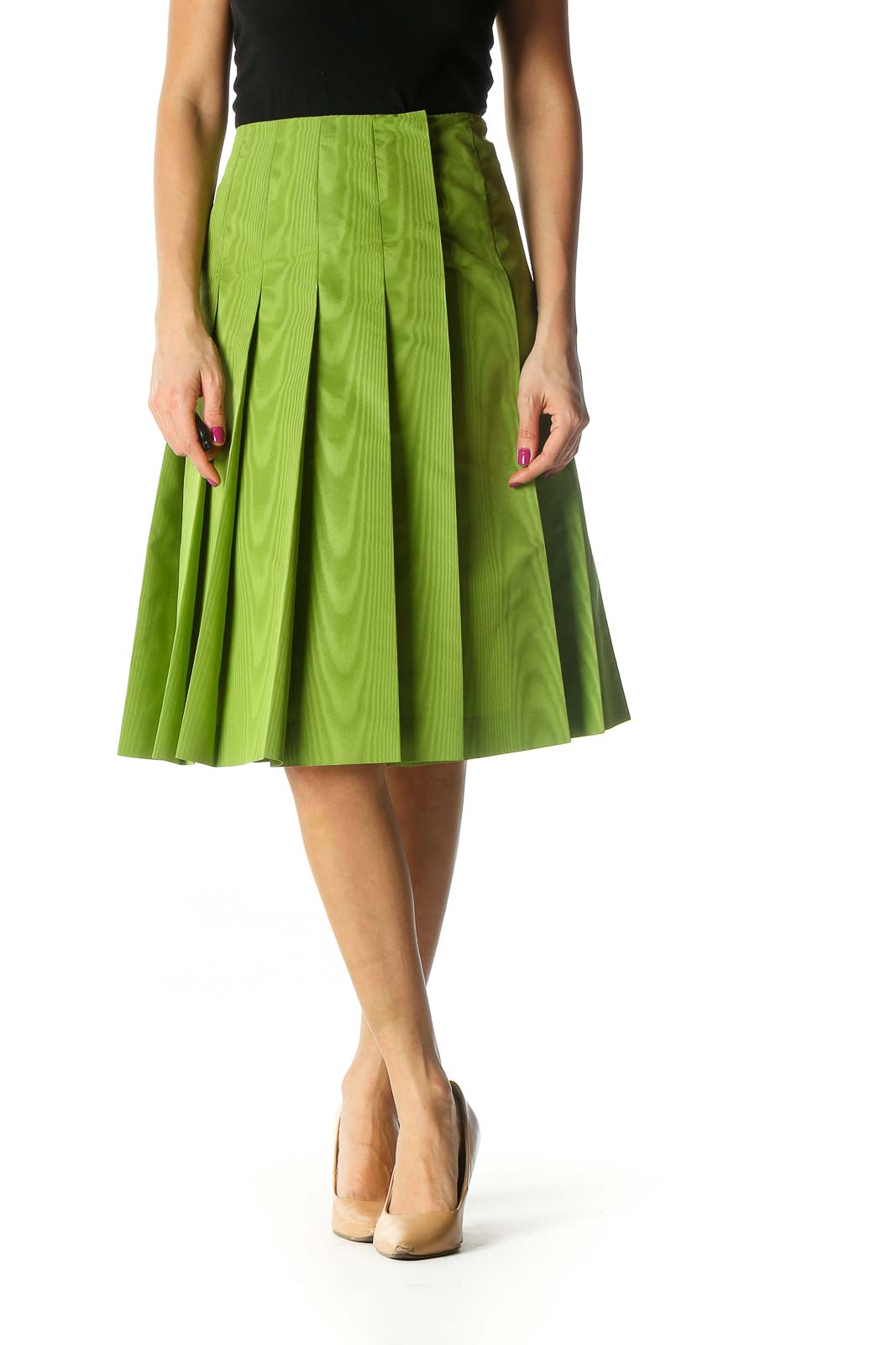Green Solid Retro Pleated Skirt Front