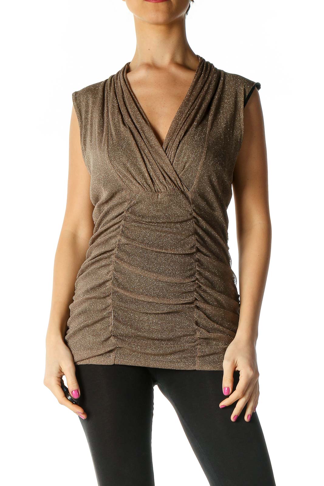 Brown Solid Casual Blouse Front