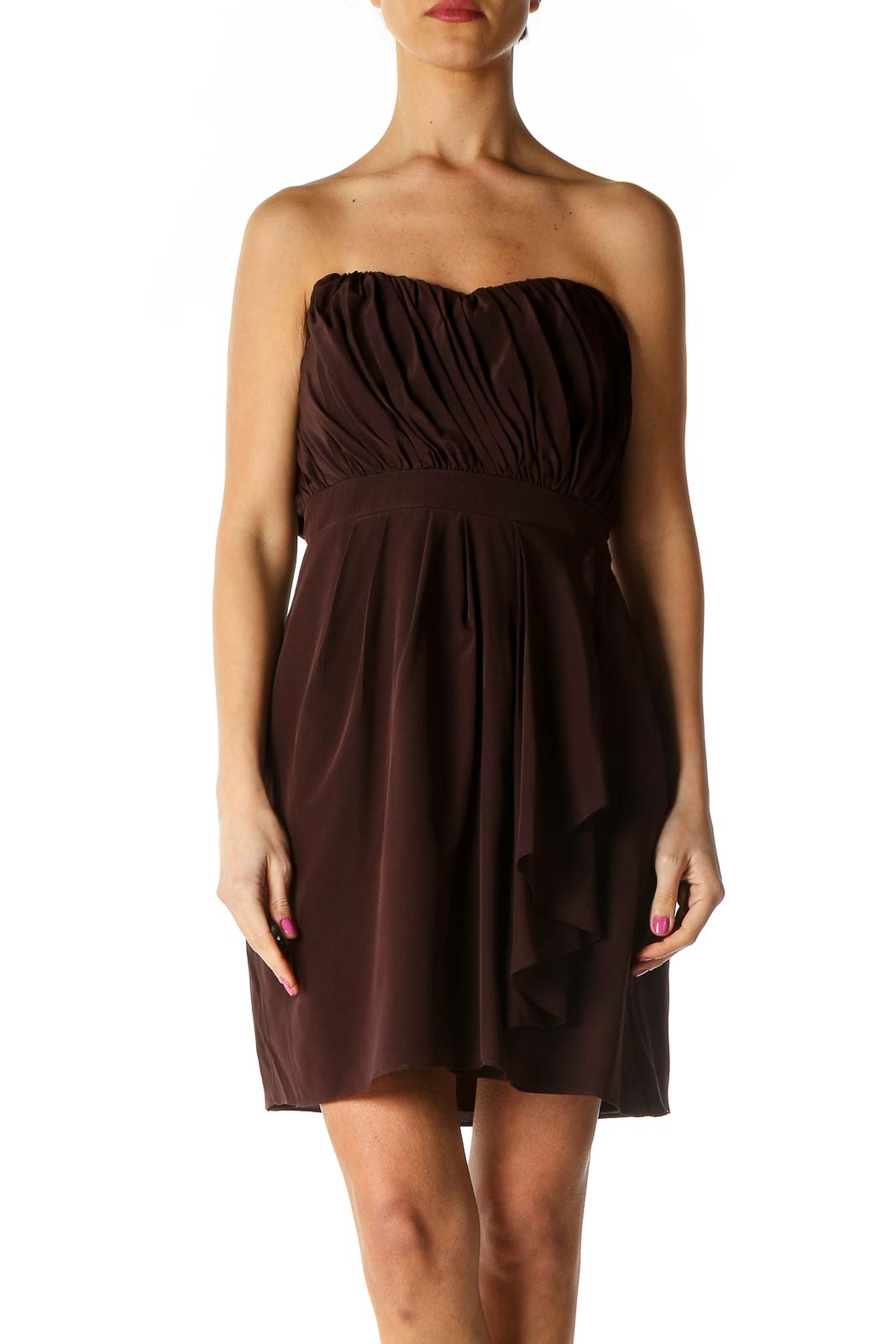 Brown Solid Chic A-Line Dress Front