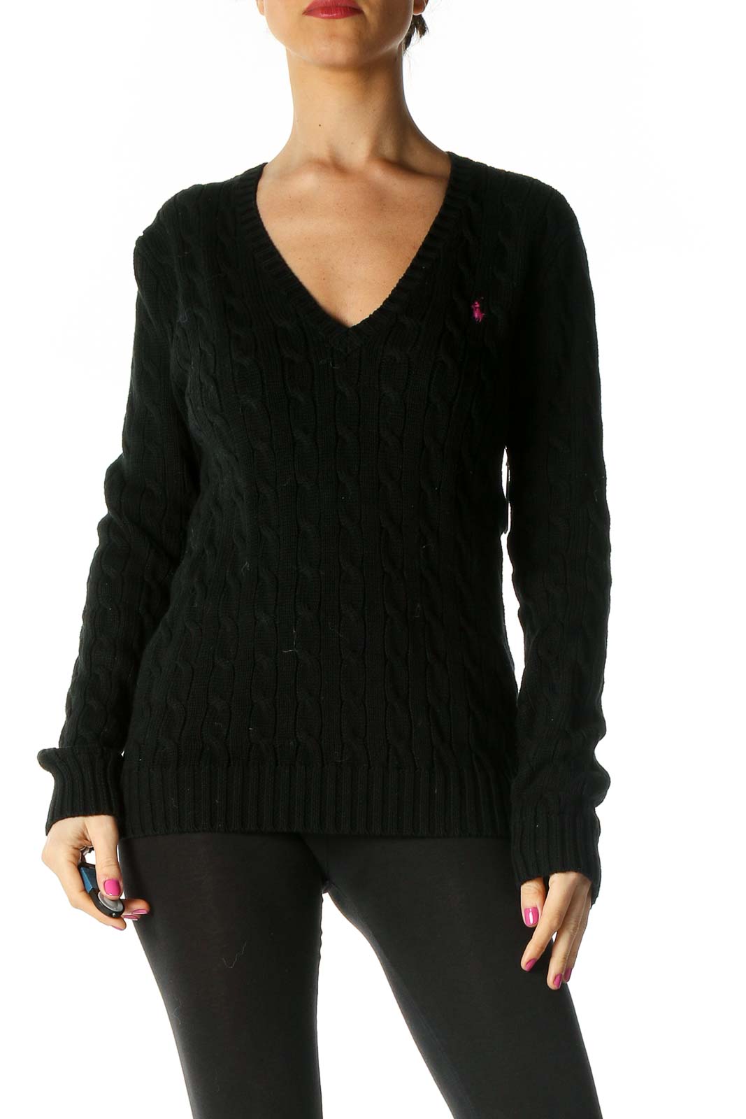 Black Solid Casual Sweater Front