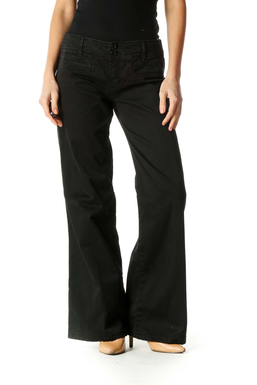 Black Solid Retro Trousers Front