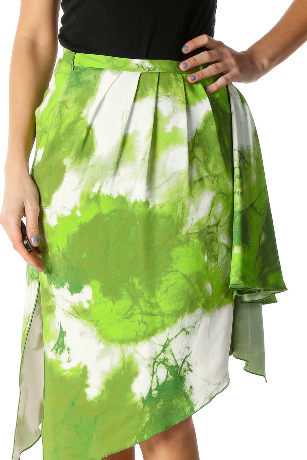 Green Tie And Dye Retro Pleated Skirt Front