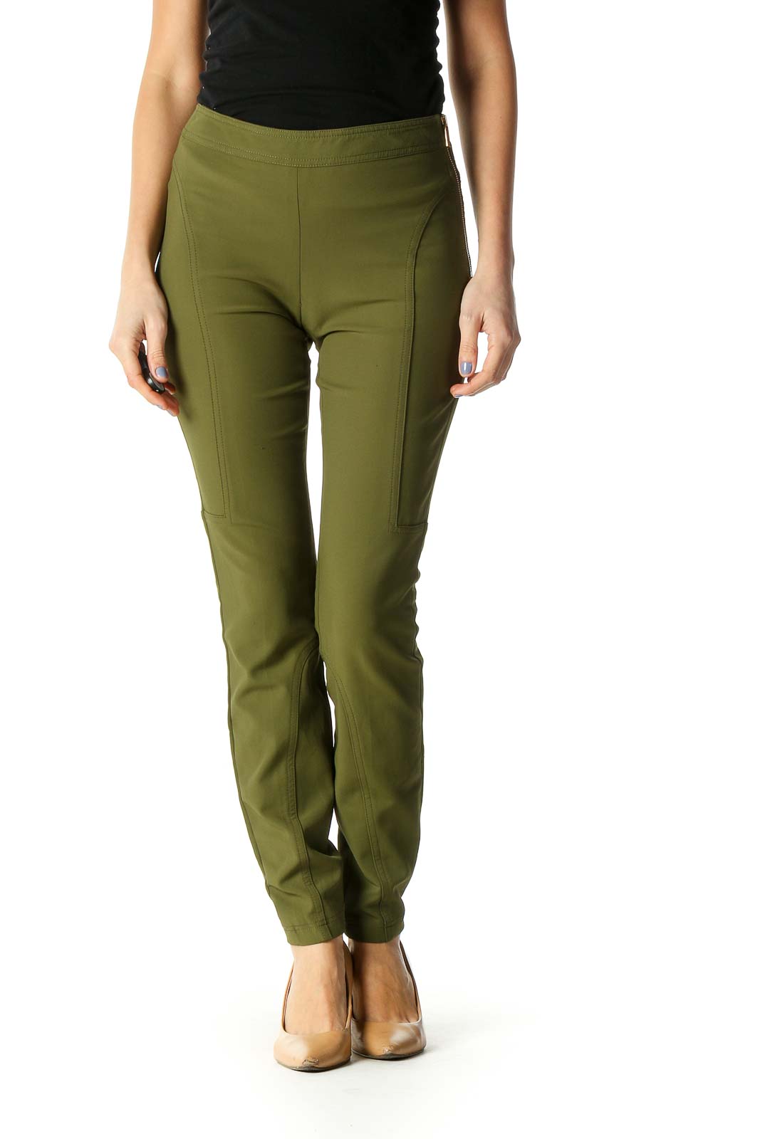 Green Solid Casual Trousers Front