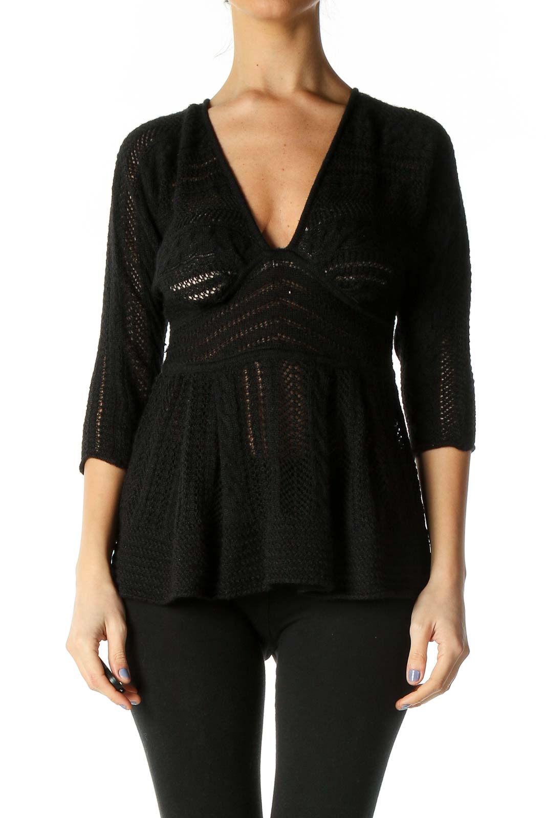 Black Solid Casual Blouse Front
