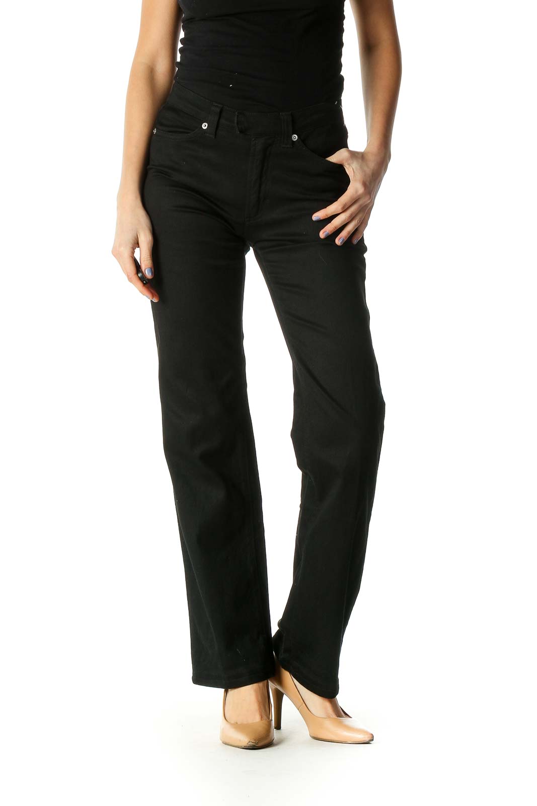 Black Solid Casual Trousers Front