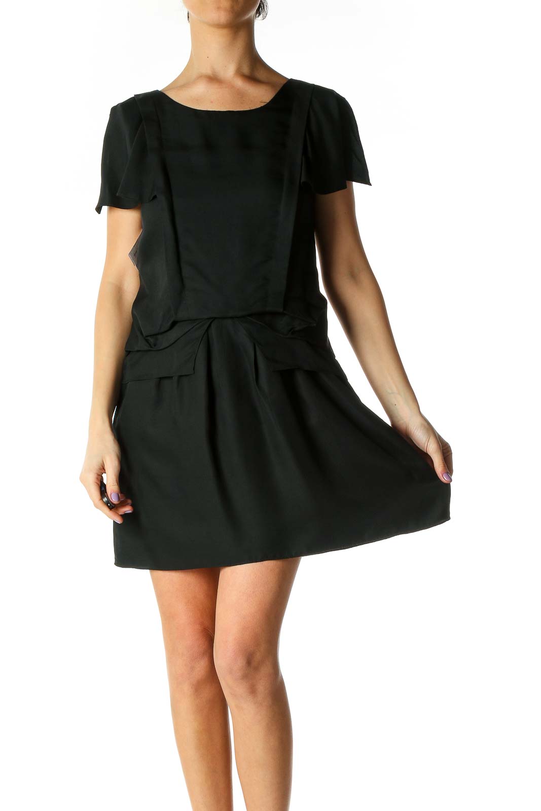 Black Solid Casual A-Line Dress Front