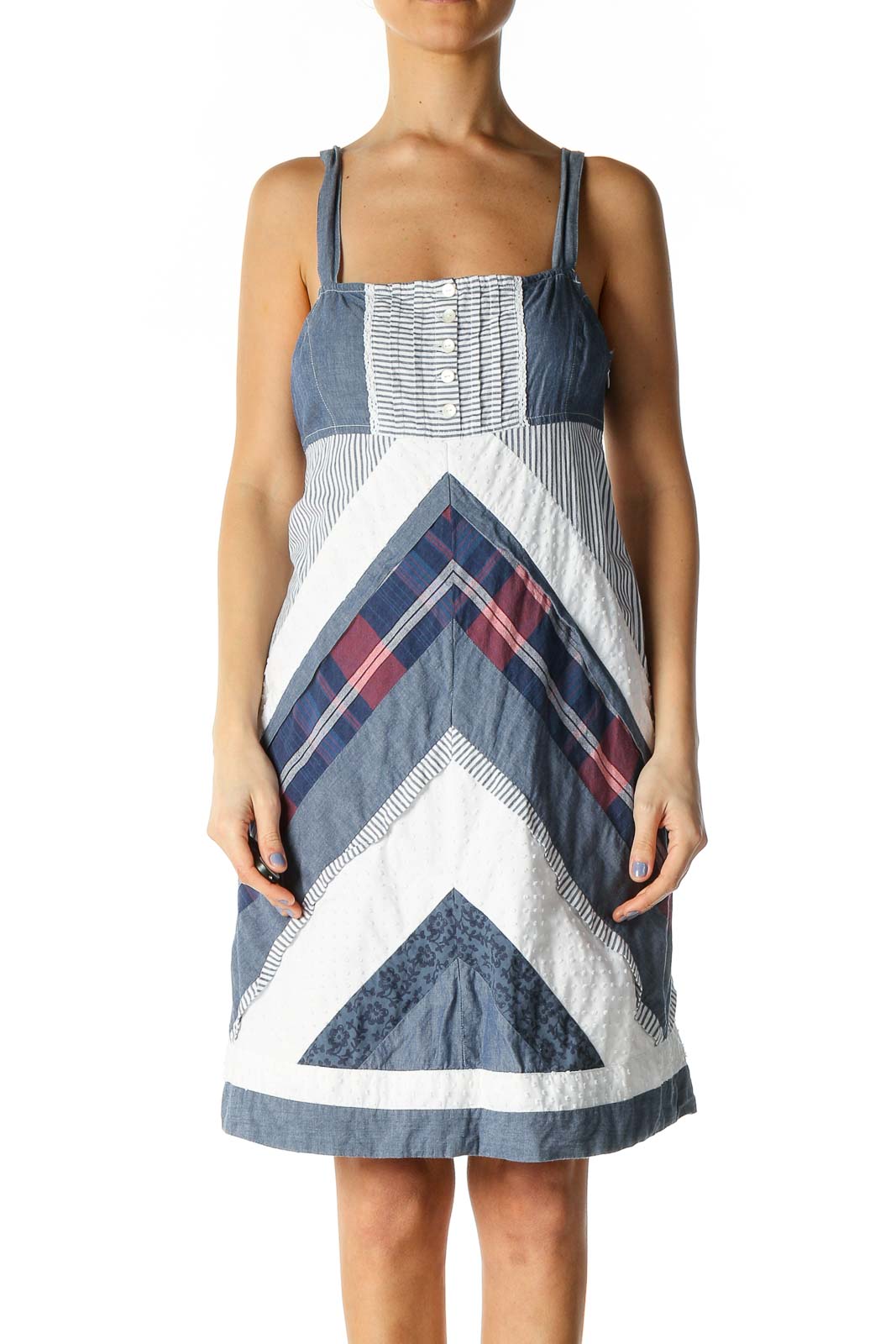 Blue Checkered A-Line Dress Front