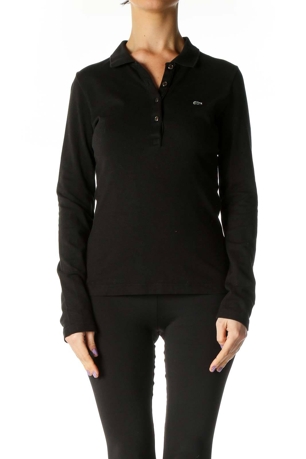 Black Solid Long Sleeve Polo Front