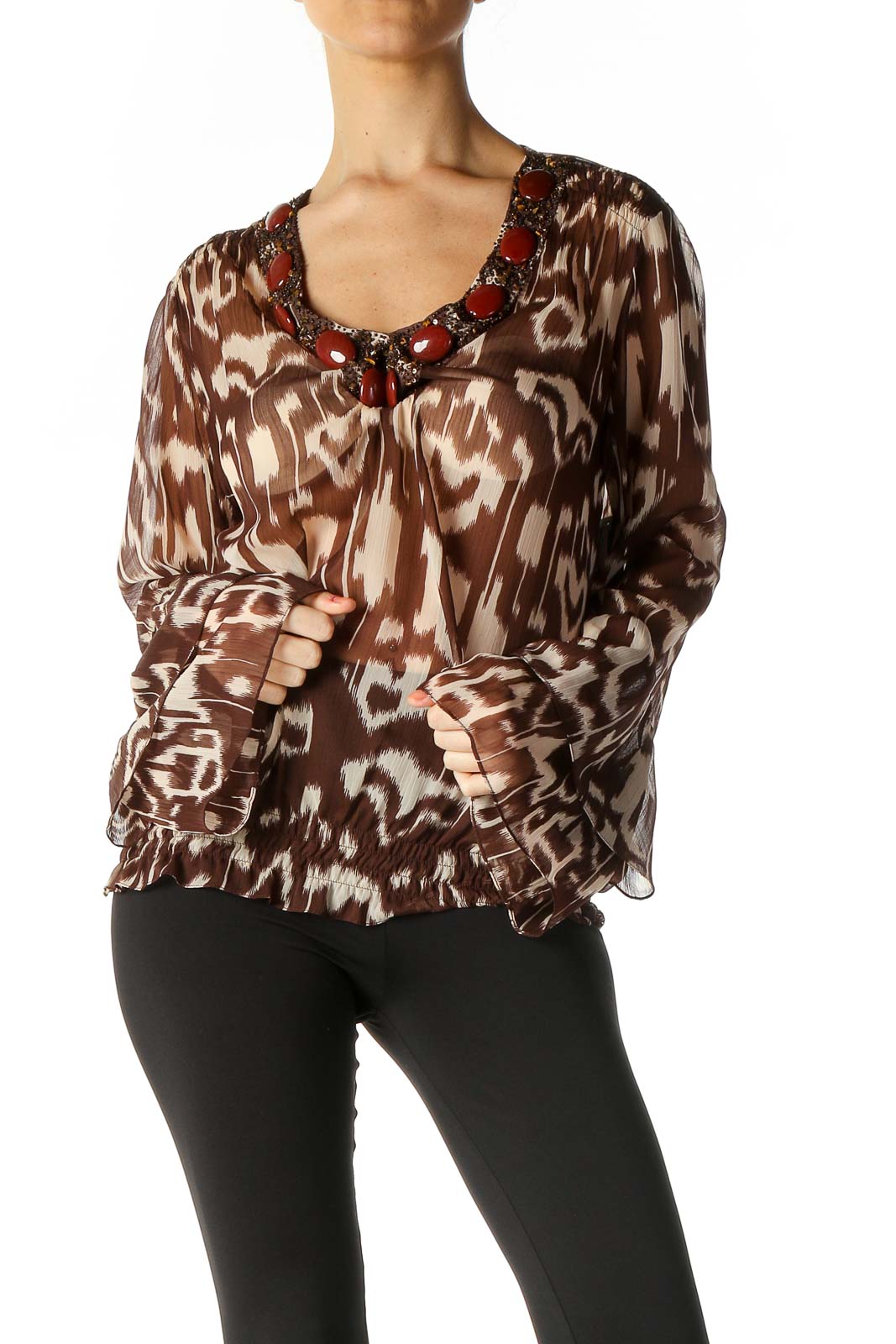 Brown Solid Retro Blouse Front