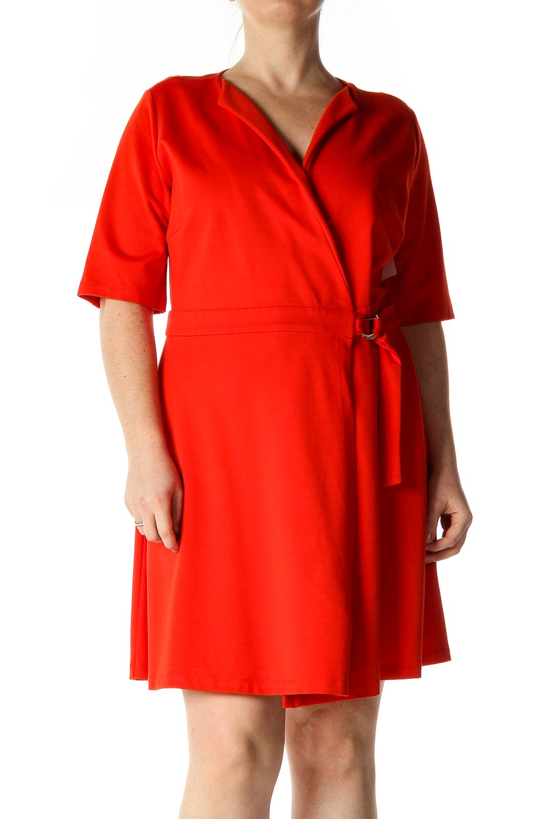Red Solid Casual A-Line Dress Front