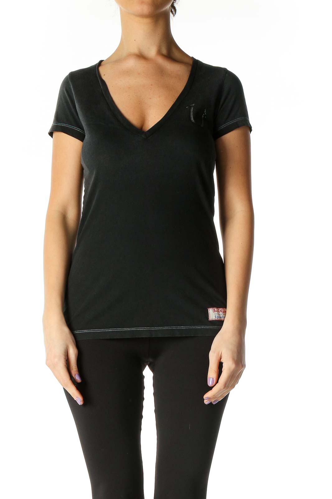 Black Solid Casual T-Shirt Front