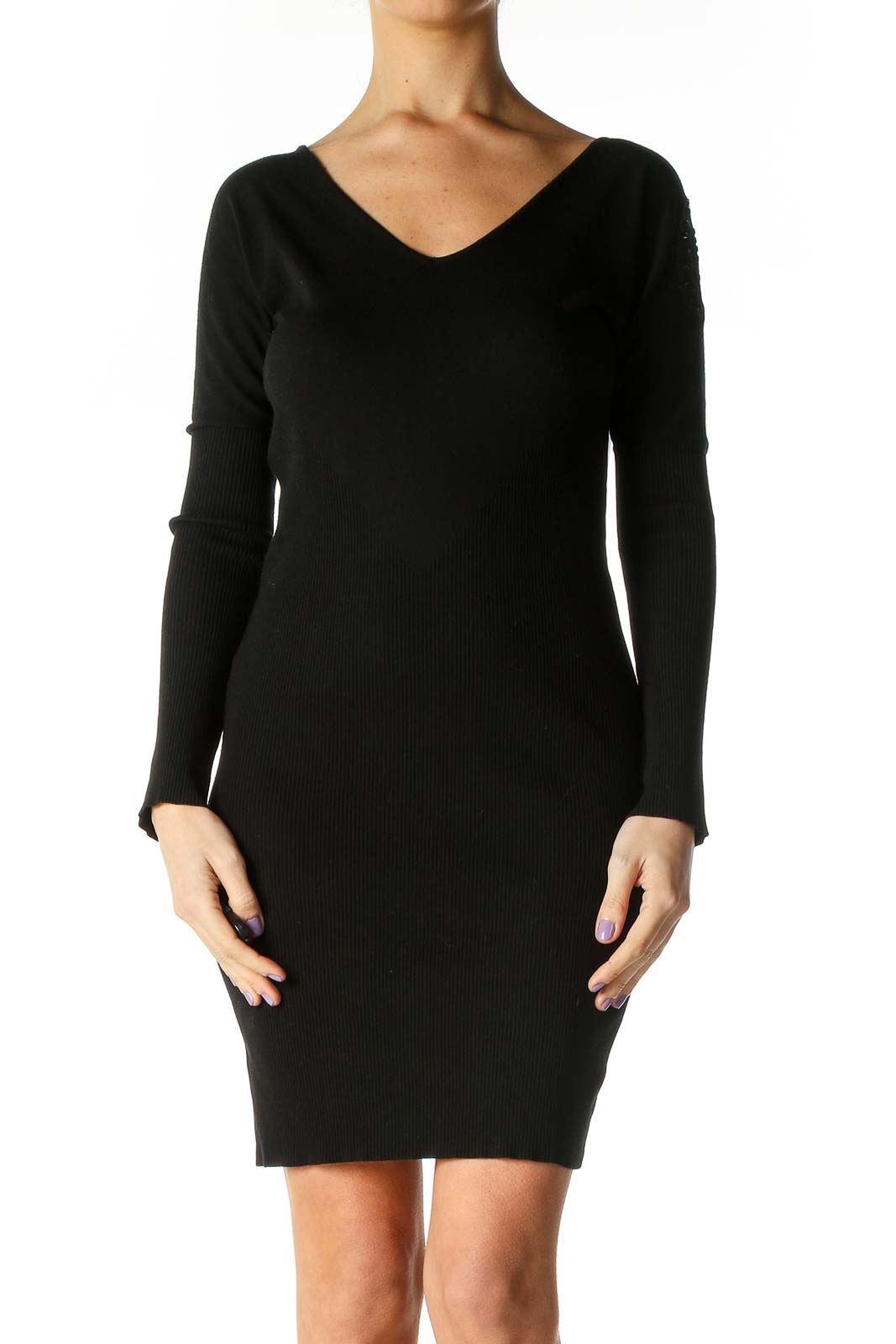 Black Solid Chic Sheath Dress Front