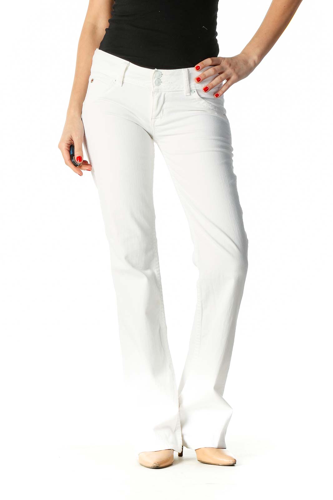 White Low Waist Bootcut Jeans Front