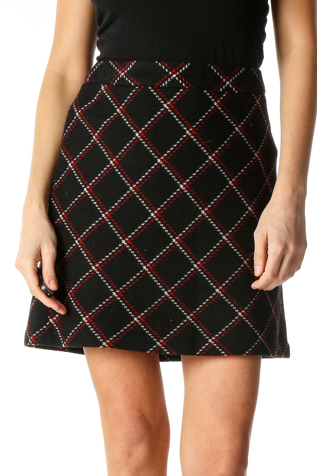 Black Argyle Print Chic Flared Skirt Front