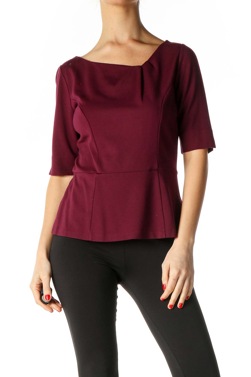 Red Solid Retro Blouse Front