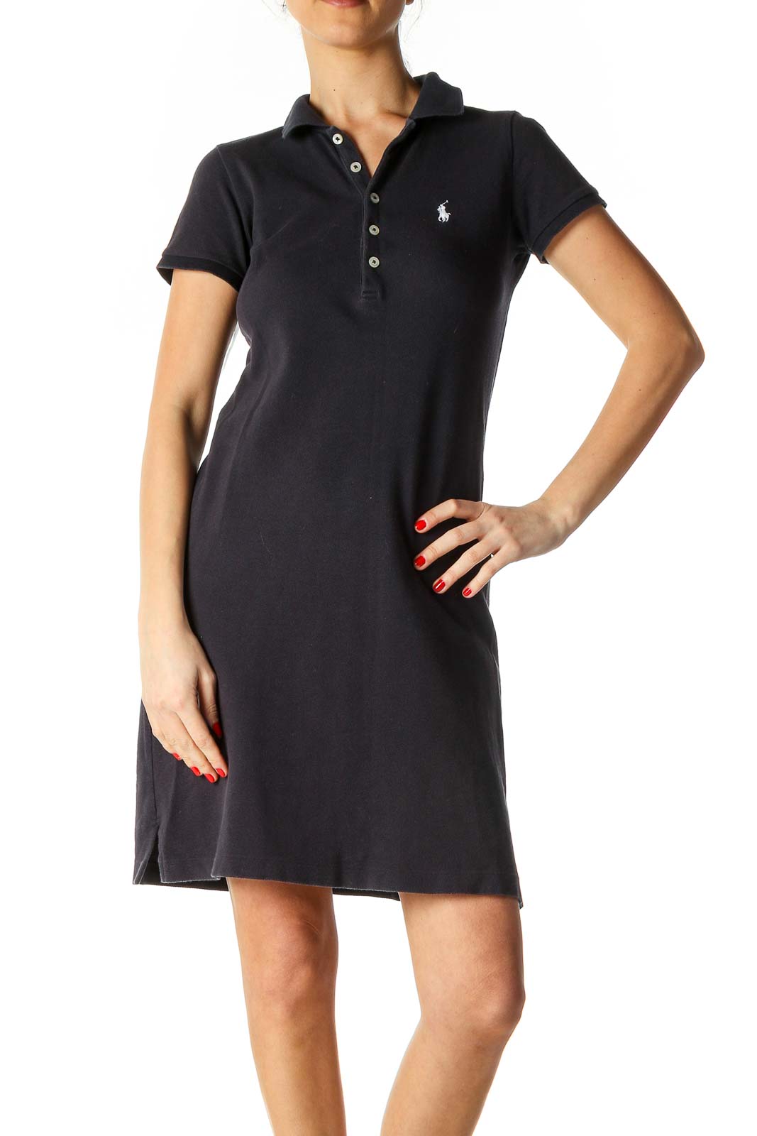 Black Solid Casual Polo Dress Front