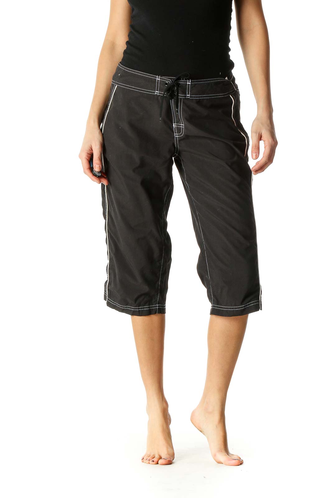 Black Solid Casual Shorts Front