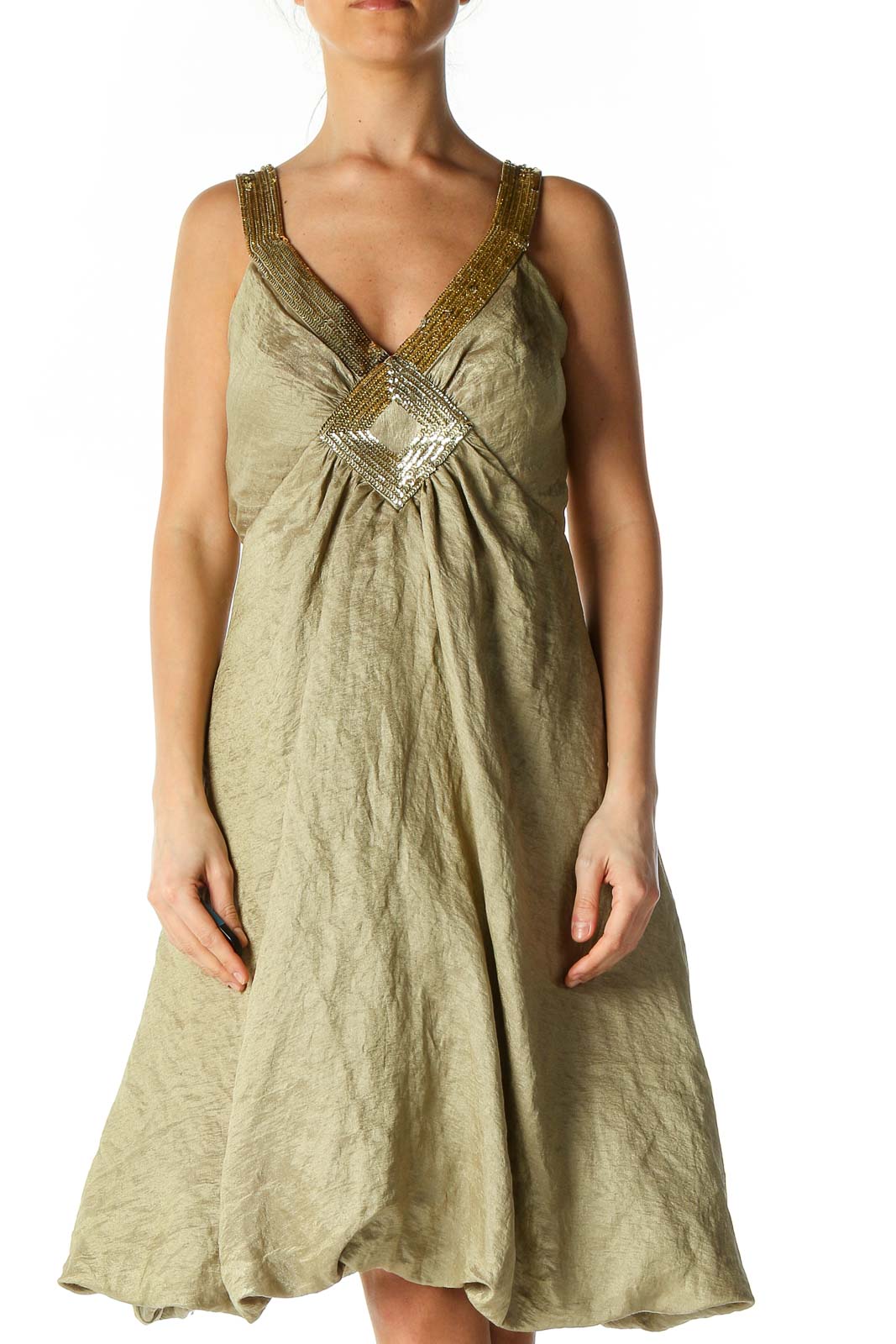 Green Solid Cocktail A-Line Dress Front