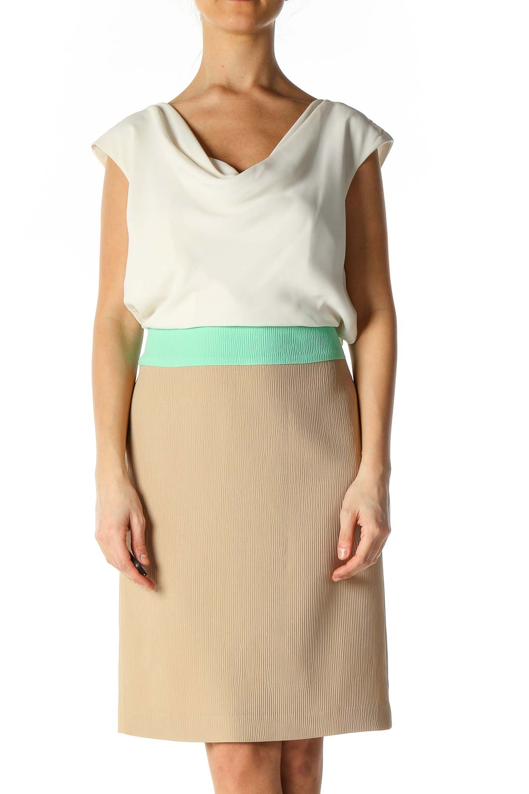 Beige Colorblock Classic Pleated Skirt Front