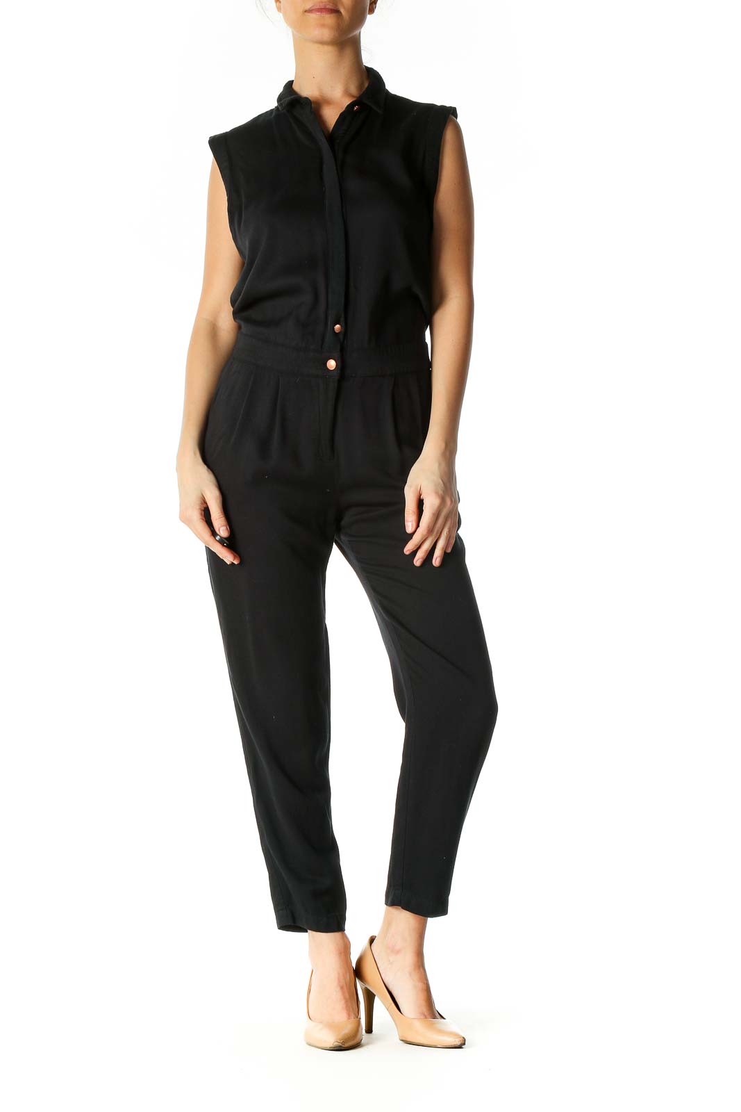 Black Solid Casual Jumpsuit Front