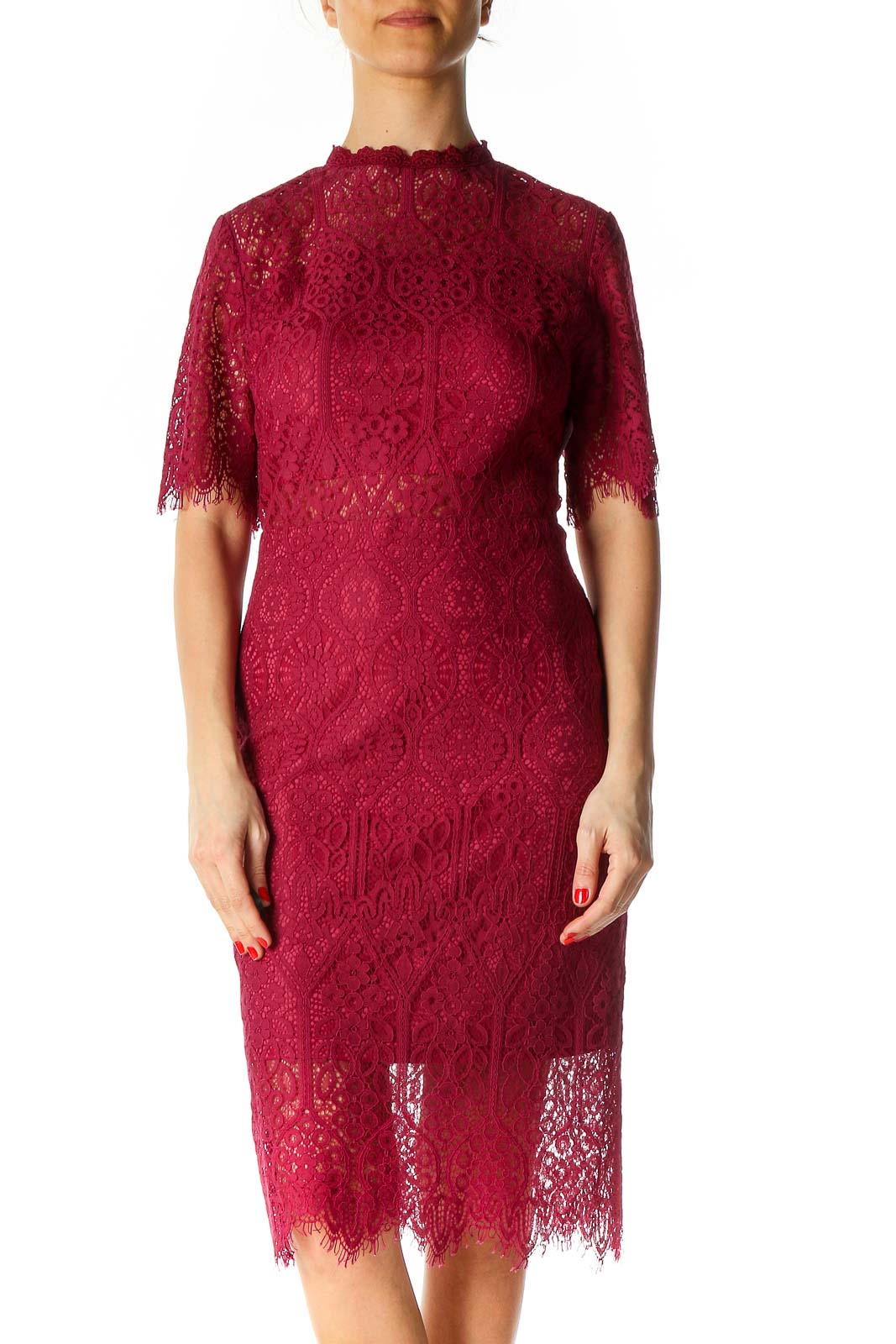 Red Lace Cocktail Sheath Dress Front
