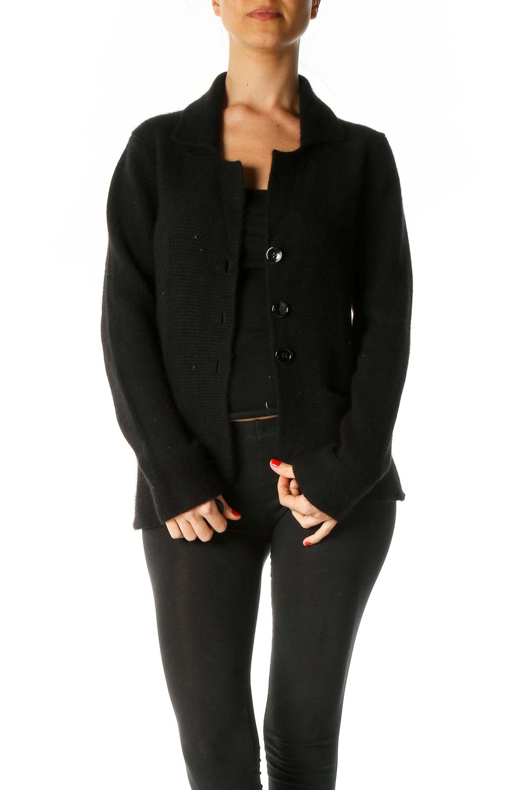 Black Solid Texture Cardigan Front