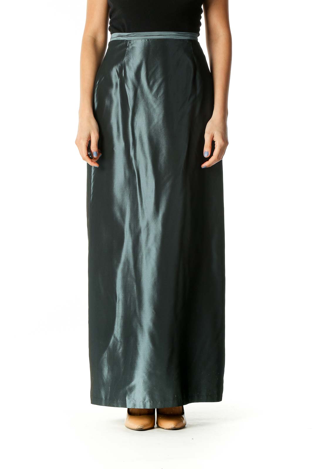 Gray Metallic Cinched Waist Long Skirt Front
