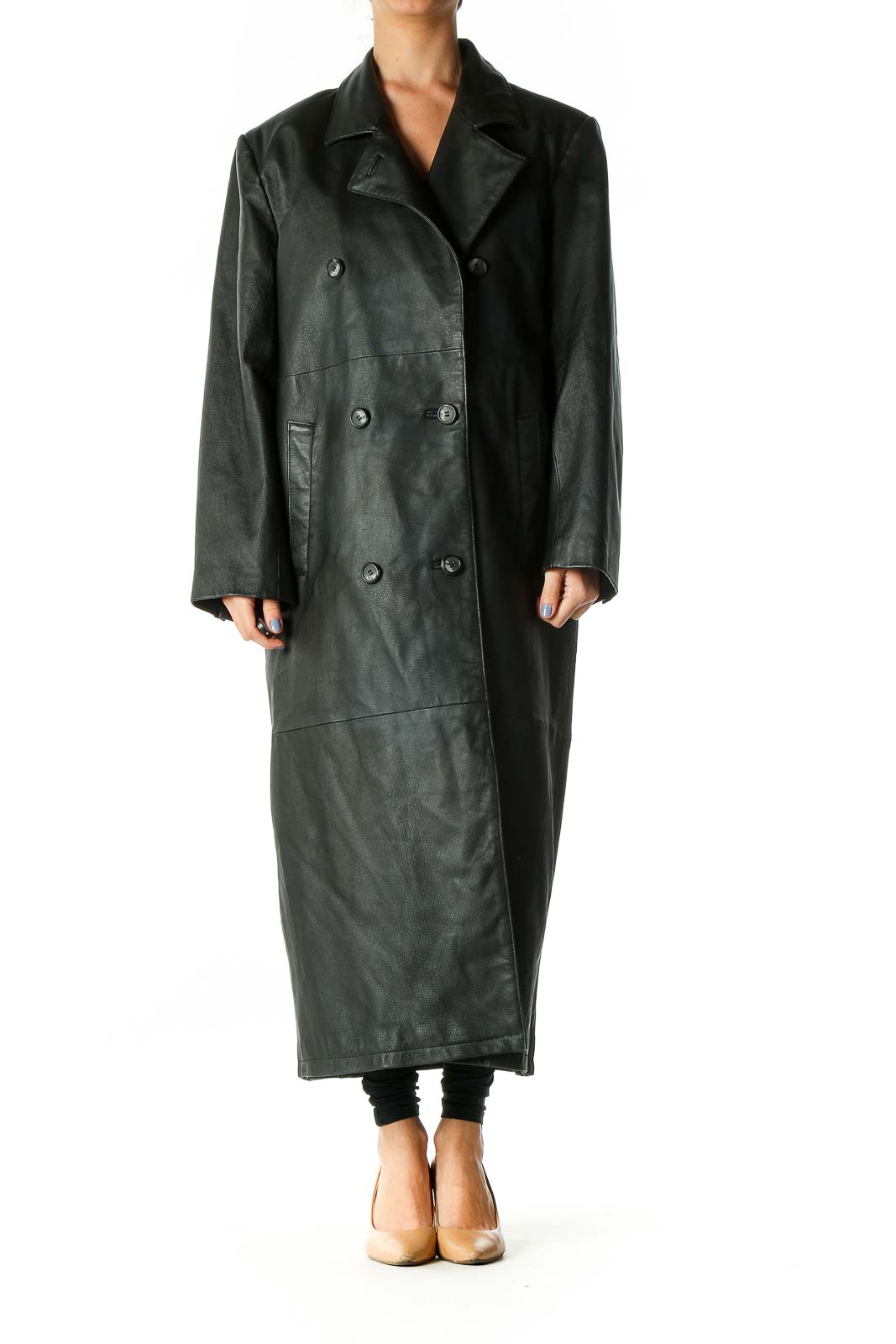 Black Double-Breasted Leather Long Coat Front